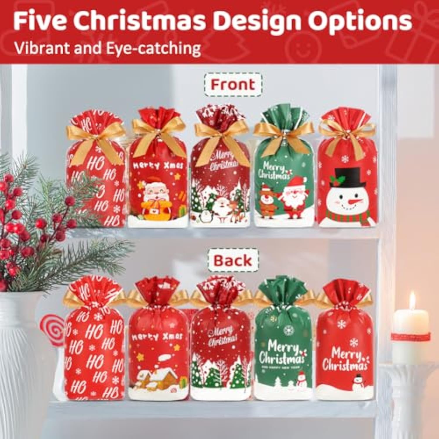 Christmas Treat Bags, 50Pcs Small Christmas Gift Bags Drawstring 5.8X9Inch Reusable Plastic Holiday Goodie Pouches For Party Favors Sweets Cookies