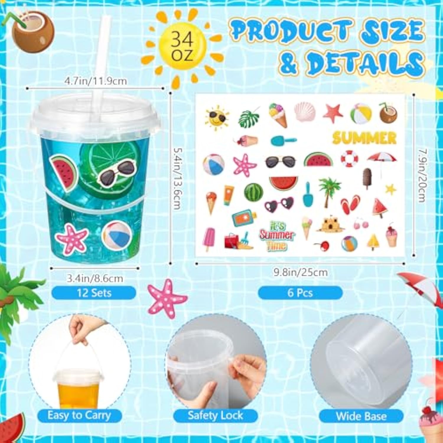 12 Sets 34 Oz Plastic Drink Buckets With Lid And Straws 6 Sheets Summer Stickers Clear Drink Cup Disposable Cocktail Rum Buckets Reusable Ice Cream Pails For Summer Beach Pool Party Favors