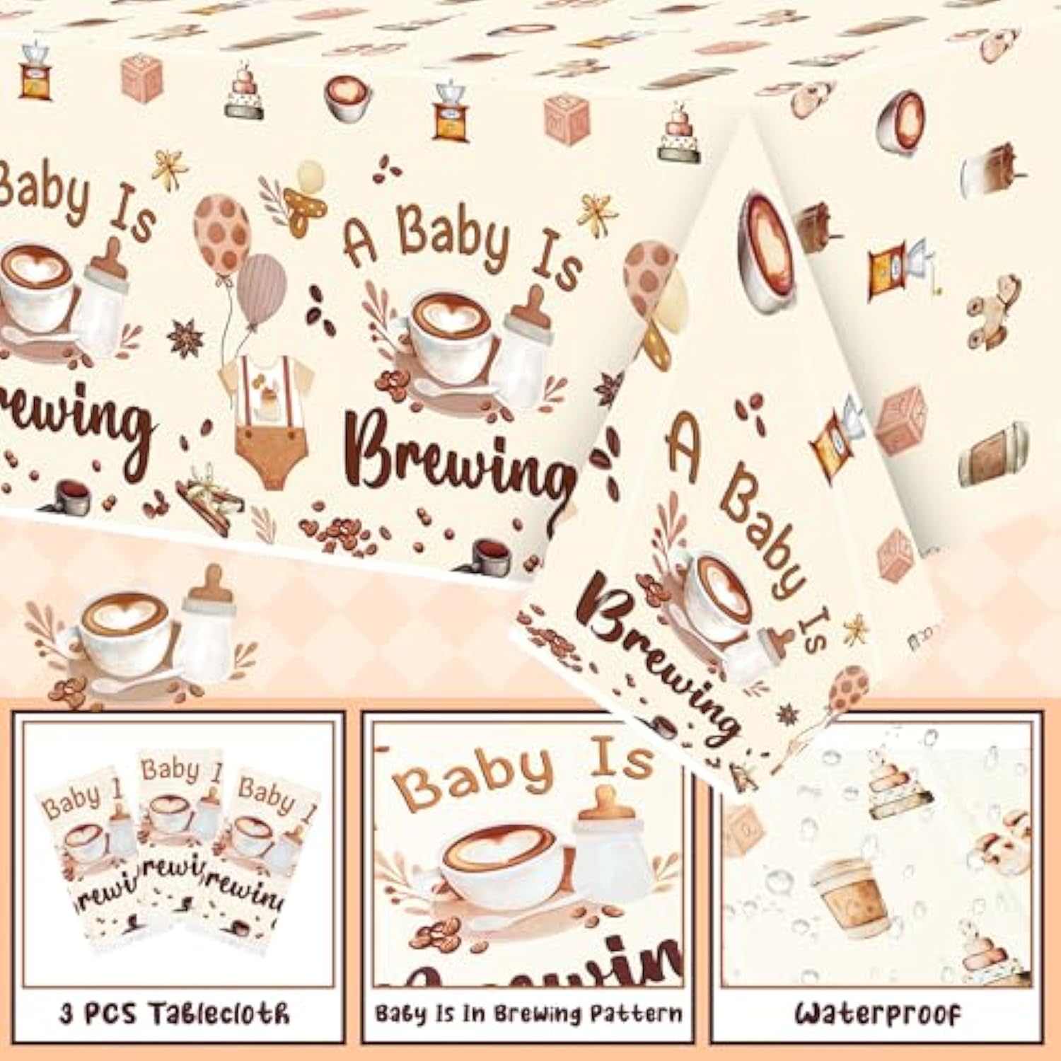 3pcs “A Baby Is Brewing” Coffee Theme Tablecloths for Baby Shower