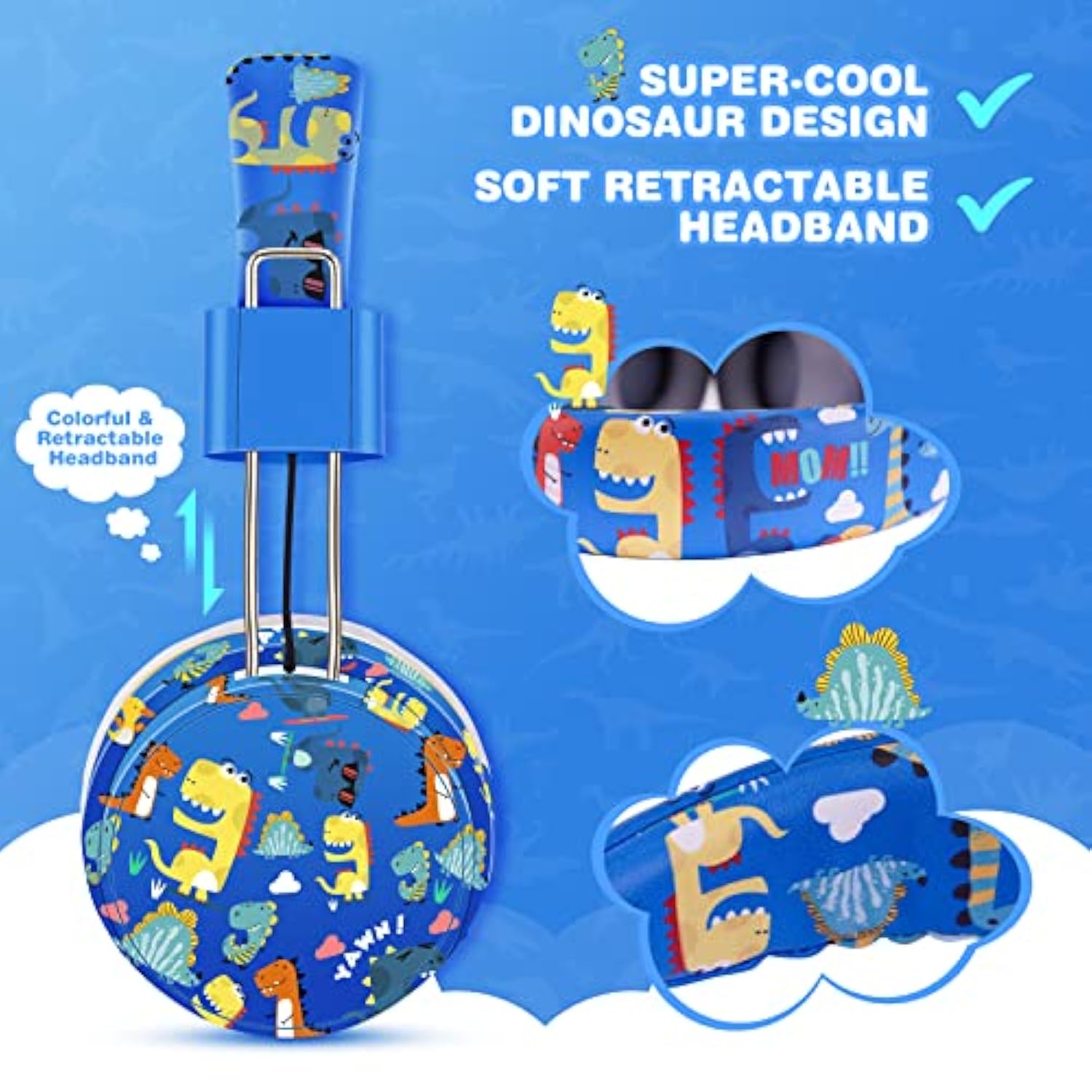 Dinosaur Headphones For Boys Kids For School, Kids Bluetooth Headphones With M