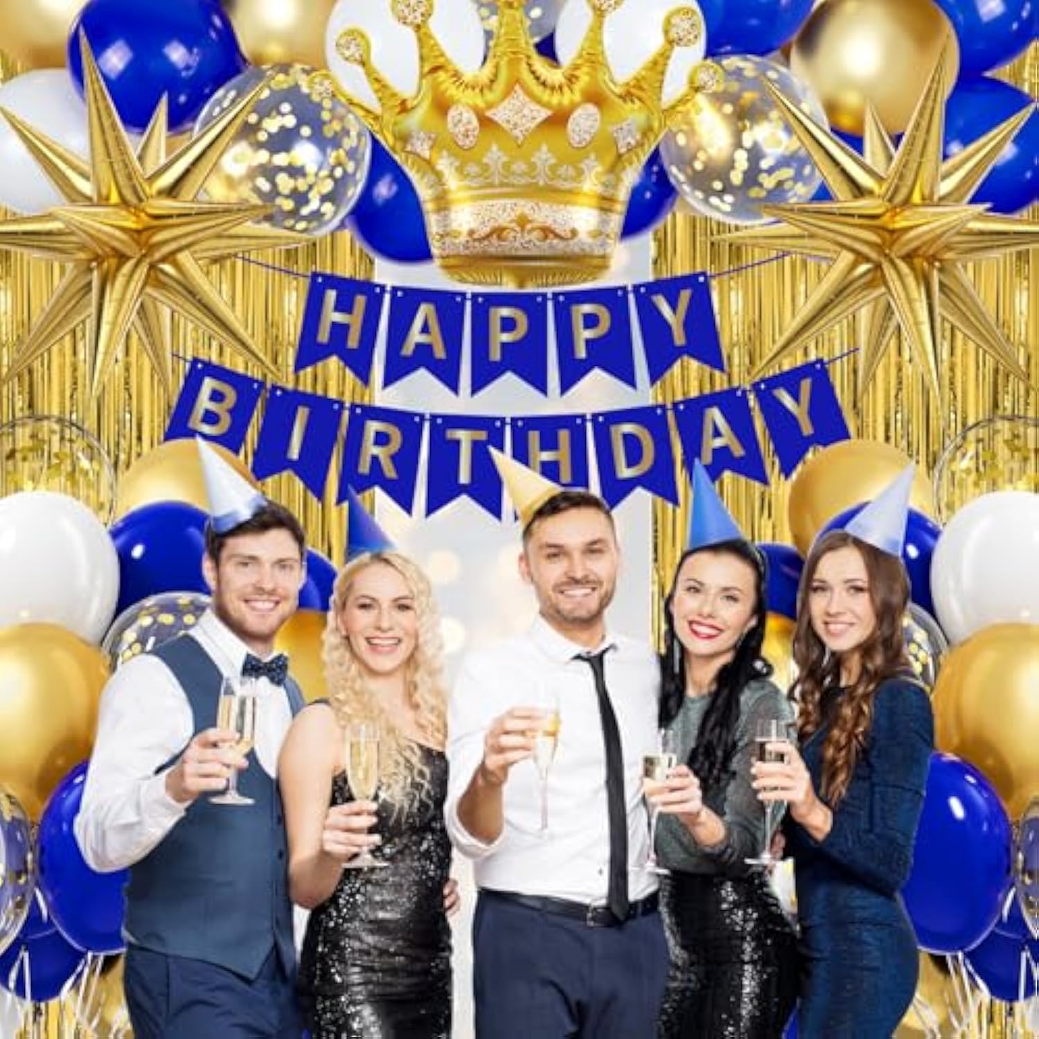 Royal Blue Gold Men'S Birthday Banner, Fringe Curtains, Metallic Balloons For 16Th To 60Th Birthdays