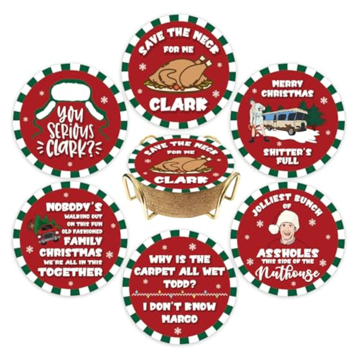 Christmas Vacation Merch Gift, 6 Pcs Funny Holiday Coasters With Metal Holder, Griswold Family Cousin Eddie Christmas Vacation Decorations, Xmas Home Table Decor Party Supplies, White Elephant Gifts