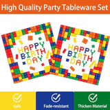 170Pcs Building Block Plates Napkins Birthday Party Supplies Colorful Building Block Party Decorations Banner Tablecloth Cups Party Tableware Set Boys Kid’S Serve 24