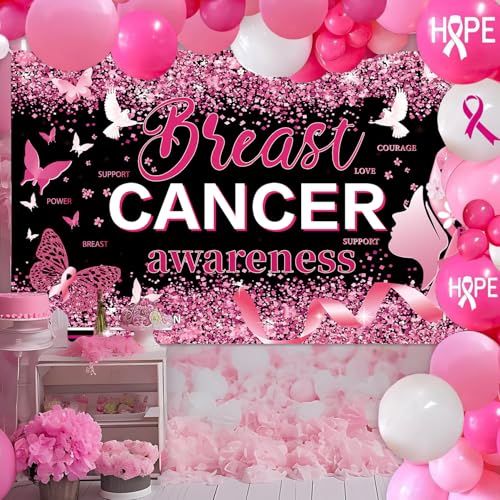 Breast Cancer Awareness Decorations, Breast Cancer Awareness Backdrop,Breasts Cancer Awareness Banner,Pink Ribbon Banner Backdrop for Breast Cancer Decor, 72x43 Inch (BLACK)