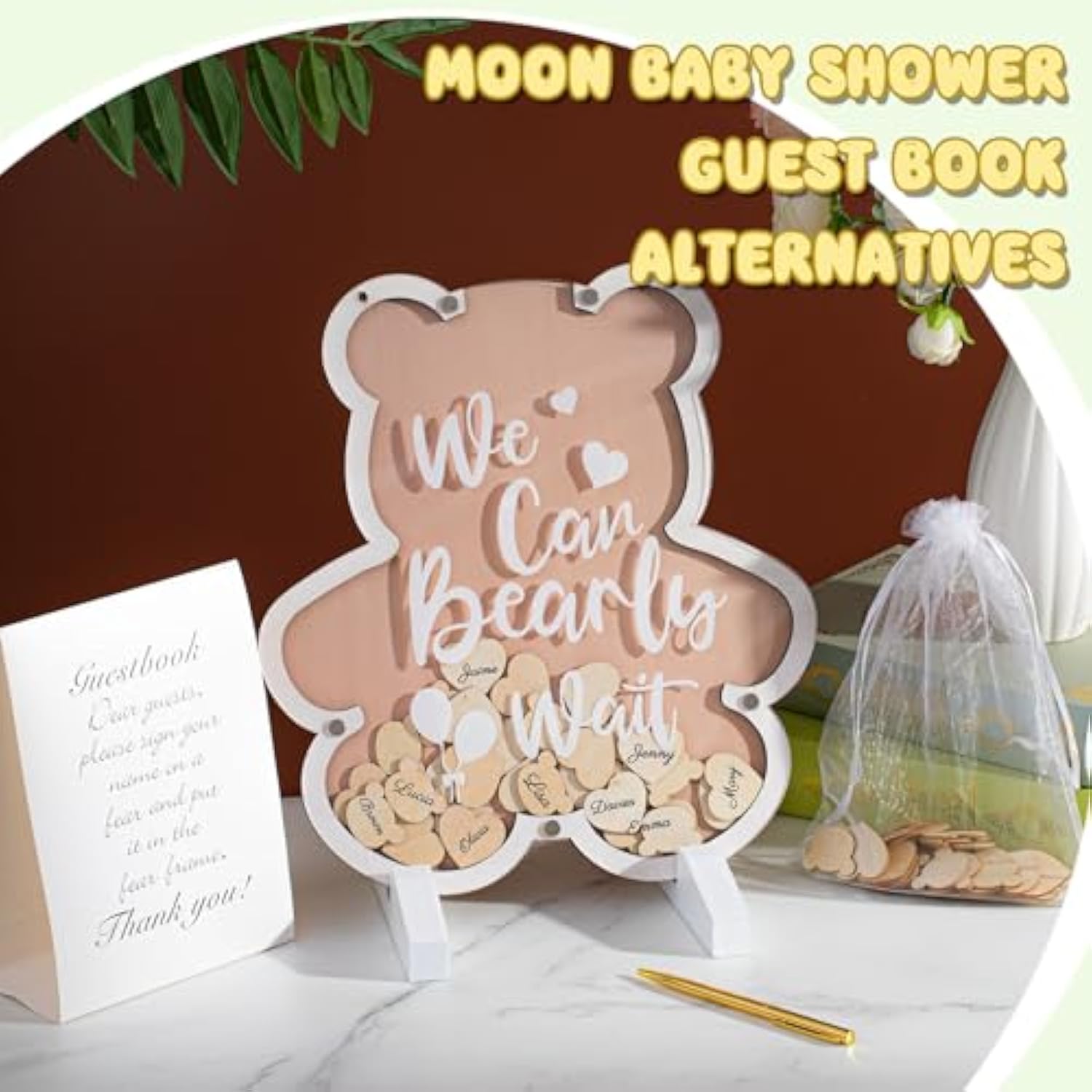 We Can Bearly Wait Acrylic Baby Shower Guest Book Alternatives Decorations With Wooden Hearts For 60 Guests Baby Shower Sign Picture Frame Pregnancy Keepsake Edition For Soon To Be Mom (Brown)