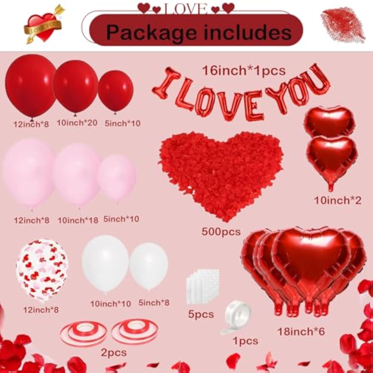 617Pcs Valentines Balloon Arch, I Love You Balloon, Red Pink White Heart Balloon And Rose Petals For Valentines Day Wedding Engagement Anniversary Romantic Decorations Special Night