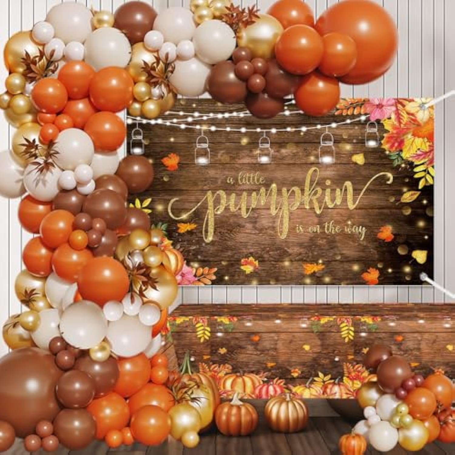 Pumpkin Baby Fall Balloon Arch Kit with Rustic Banner Backdrop for Autumn Party