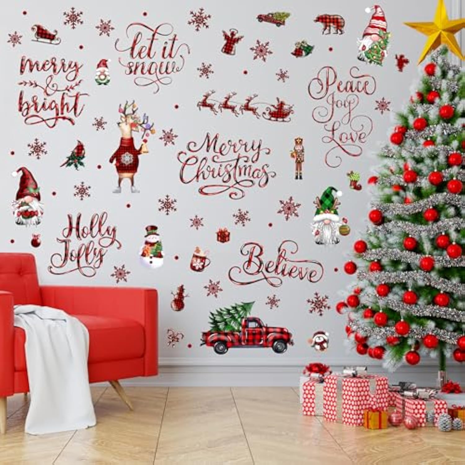 Christmas Wall Stickers Decoration 12 Sheets, Buffalo Plaid Christmas Wall Decals Holiday Letter Trees Decor, Winter Snowflake Vinyl Stickers For Living Room Bedroom Home Office