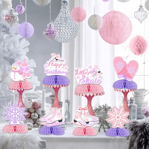 Ice Skating Birthday Honeycomb Centerpieces, Ice Skating Party Decorations Honeycomb Centerpieces Lets Skate Snowflake Table Decorations Pink Purple for Winter Birthday Party