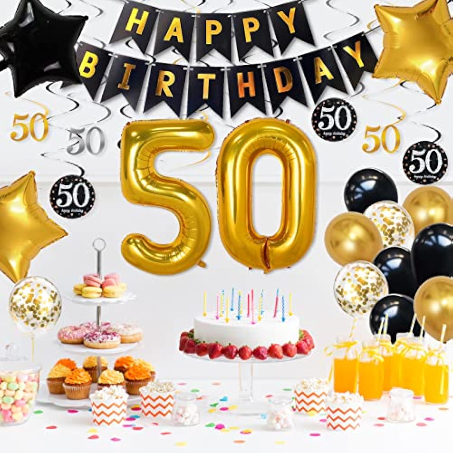 50Th Birthday Decorations For Men Women, Over The Hill Party Supplies 50Th Balloons Happy Birthday Banner Hanging Swirls For 50Th Anniversary Decorations Black And Gold Party Decor