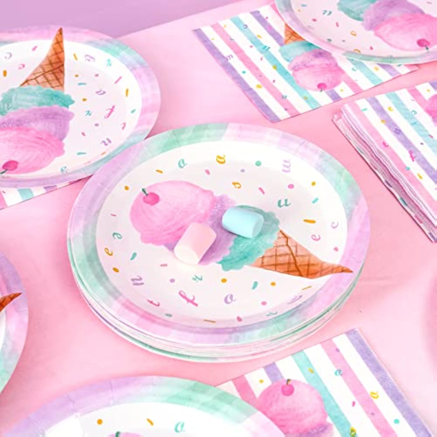 Ice Cream Party Plates And Napkins - Serves 50 Guests 100 Pcs Pink Sweet Ice Cream Themed Party Supplies For Girls Birthday Baby Shower Pool Summer Celebration Dinner Picnic Party Tableware