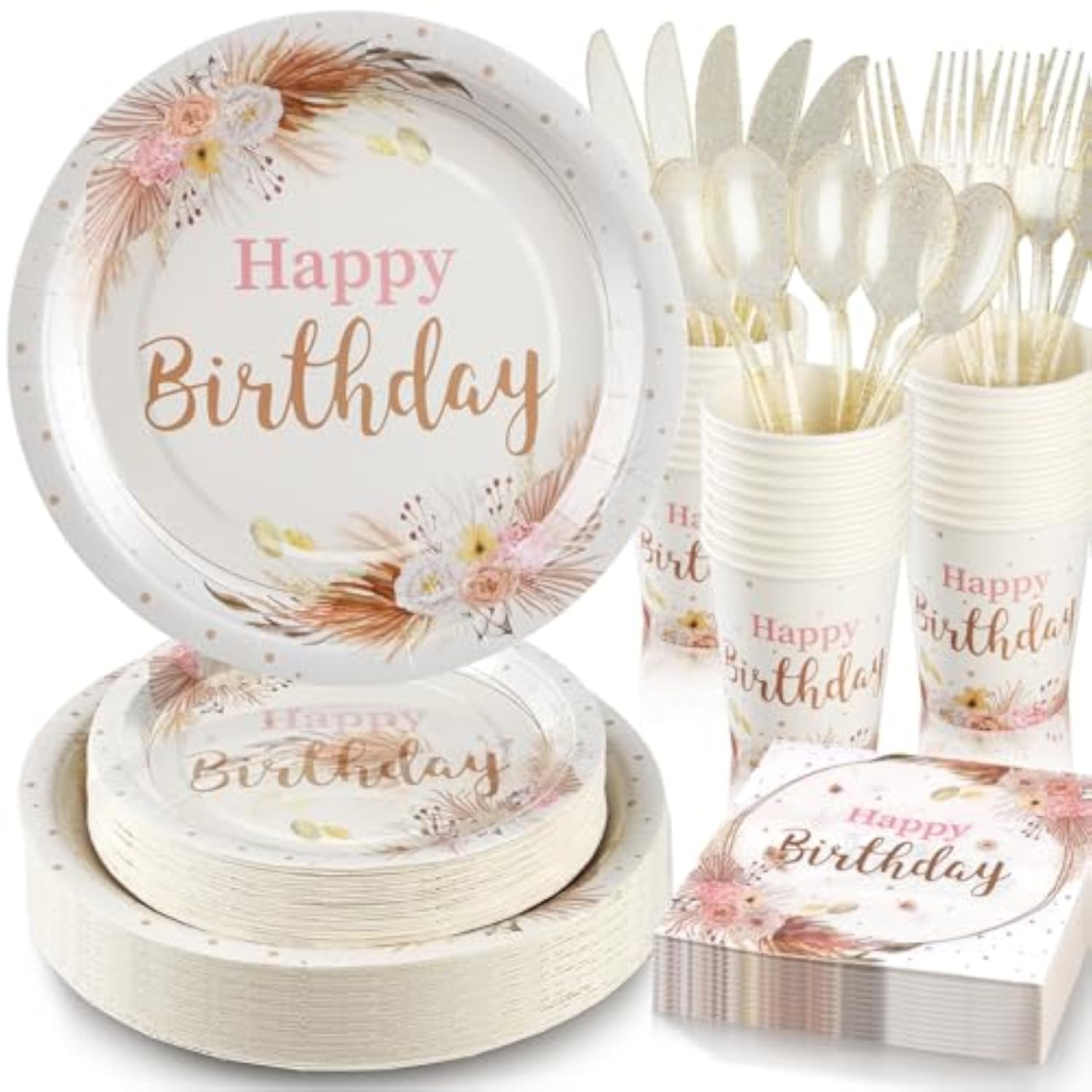Boho Birthday Decorations For Women, Neutral Birthday Plates And Napkins Party Supplies 168Pcs, Happy Birthday Plates And Napkins Set For Boho Floral Champagne Cream Beige Party, Serve 24