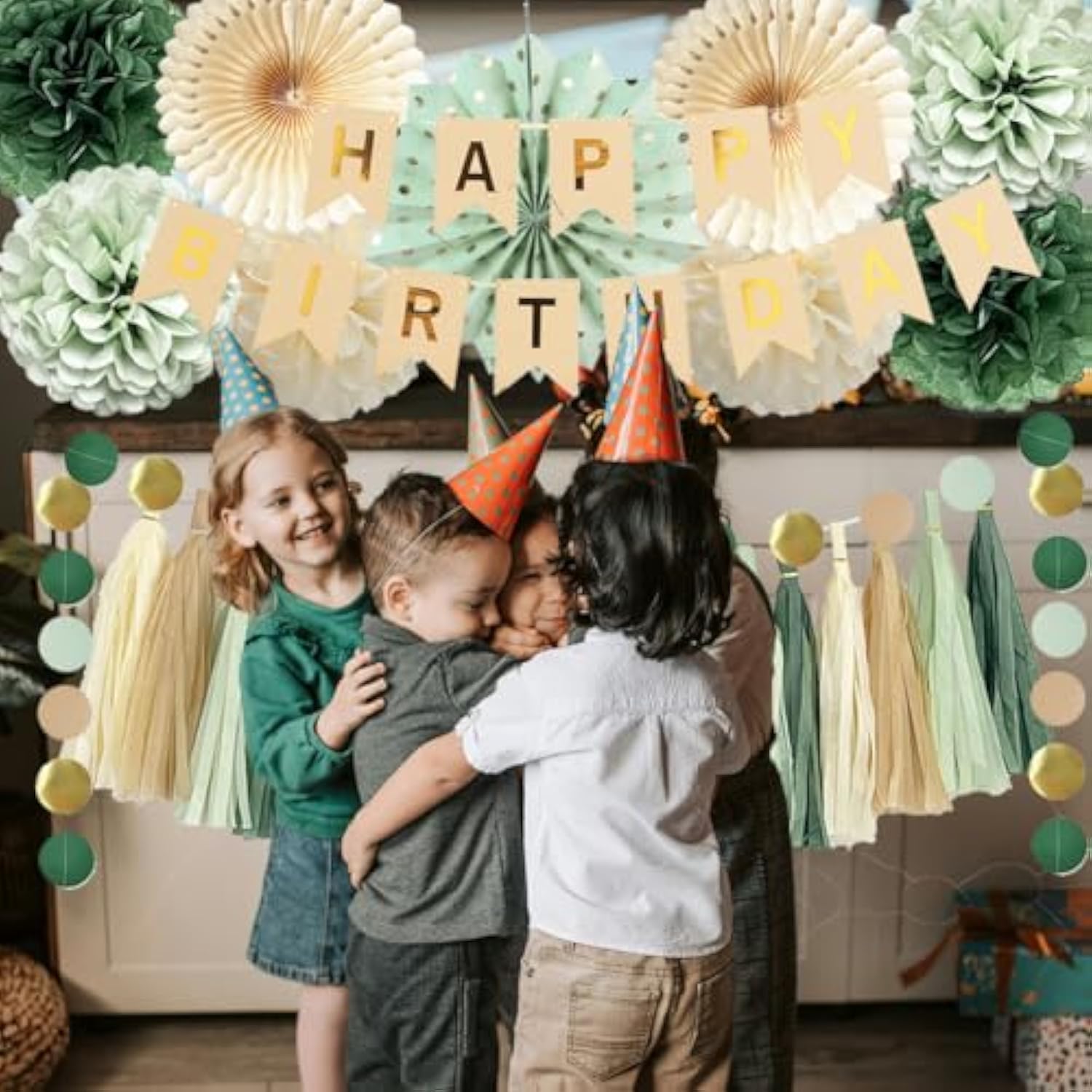 Sage Green Birthday Decorations With Happy Birthday Banner Sage Cream Paper Pom Poms Paper Tassels Circle Dots Garland For Girls Women Neutral Rustic Botanical Birthday Party Decor
