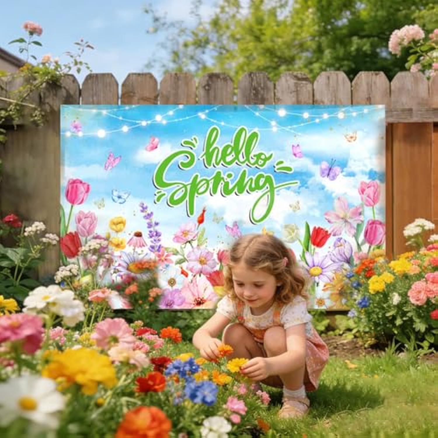 Spring Backdrop Banner Floral Hello Spring Decorations Background Easter Flowers Blue Sky Photo Booth Props 70.8 X 43.3 Inch