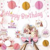 Pink First Birthday Decorations For Girl, Pre-Strung Sweet One And Happy Birthday Banner With Honeycomb Balls, Hanging Swirls, Circle Dots Garland For 1St Birthdays Decorations Girl 21Pcs