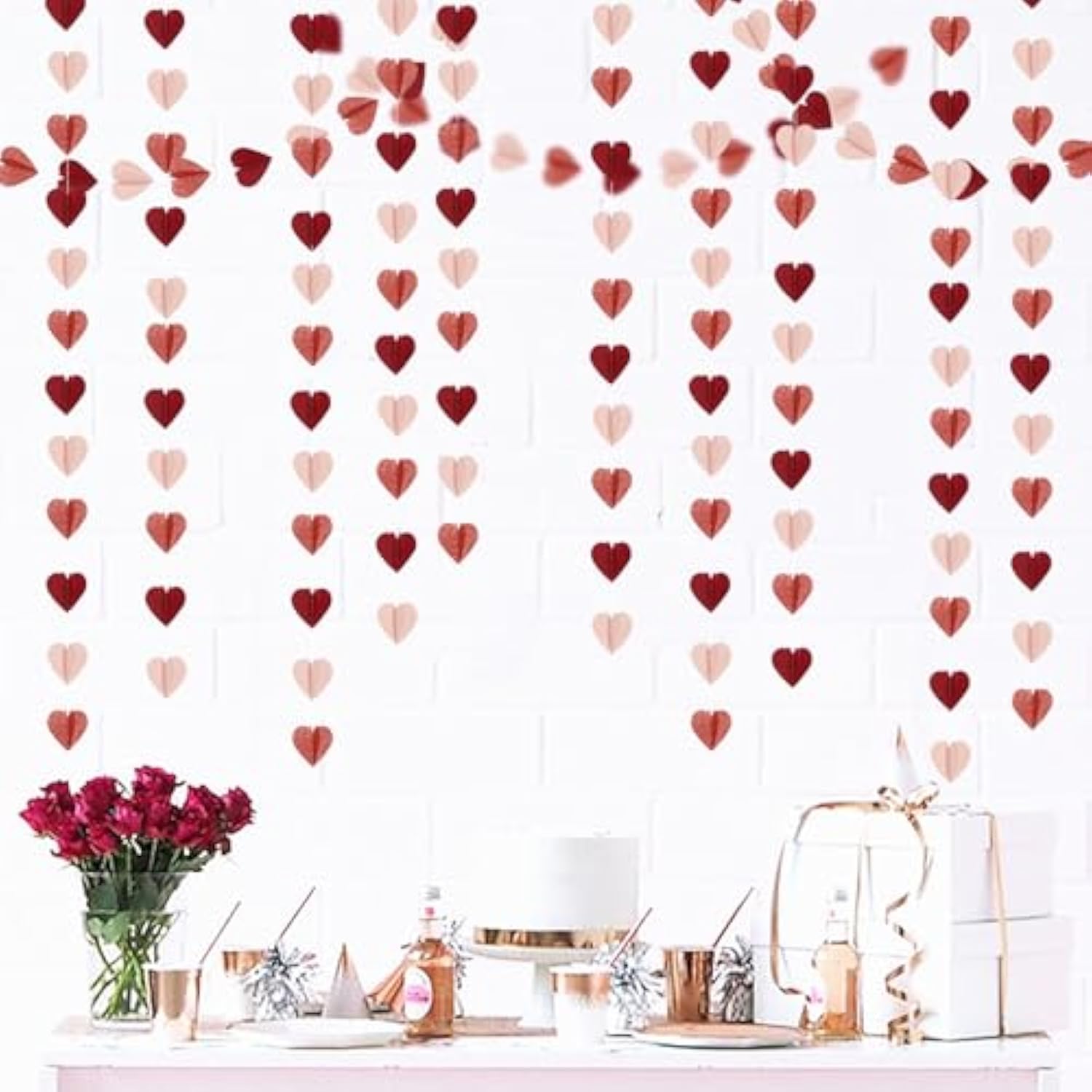 Rose-Gold Pink Burgundy-Red 3D-Heart Garland - 39Ft Galentines Valentines Day Party Decorations Hanging Paper Streamers Banner,Engagement Wedding Bachelorette Baby Bridal Shower Decor