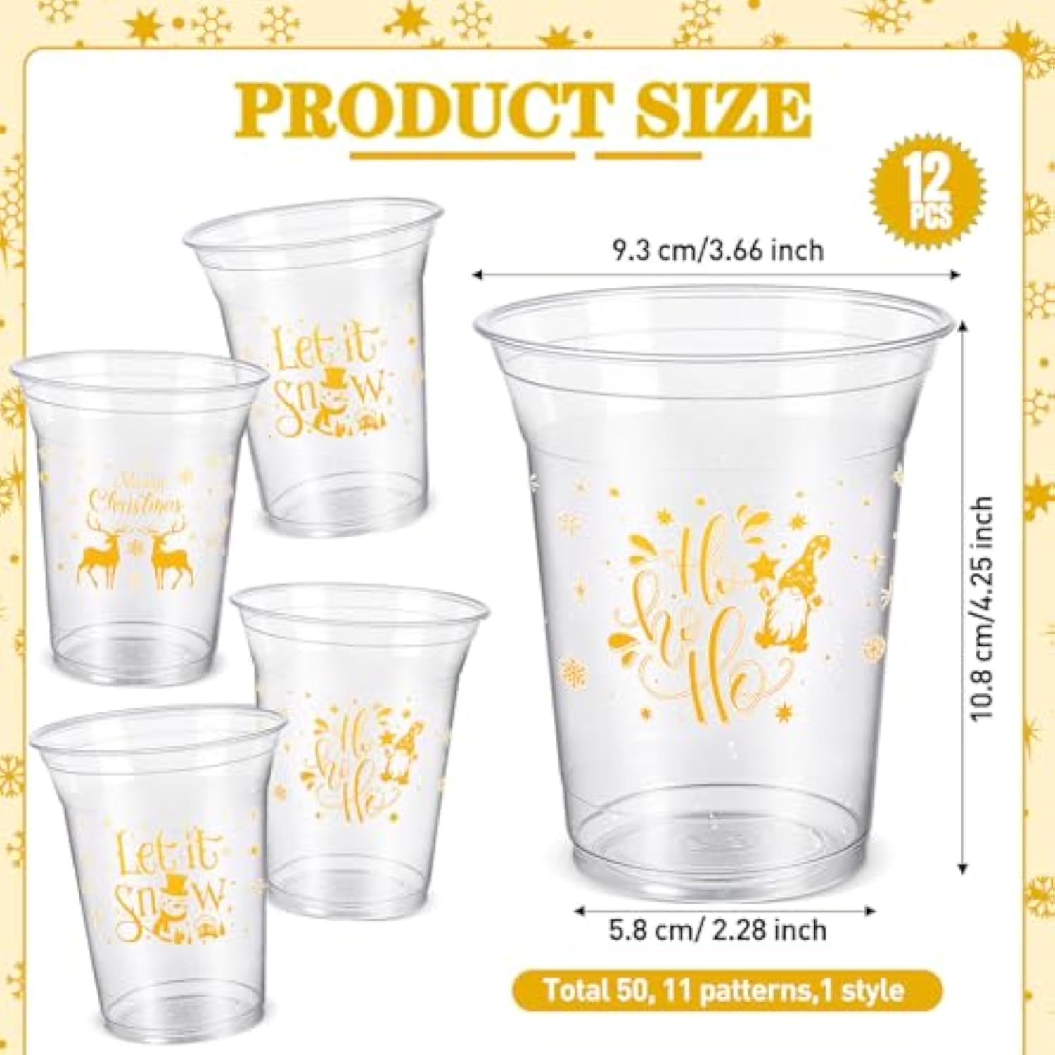 50 Pc 12oz Christmas Plastic Cups Clear Xmas Winter Party Supplies
