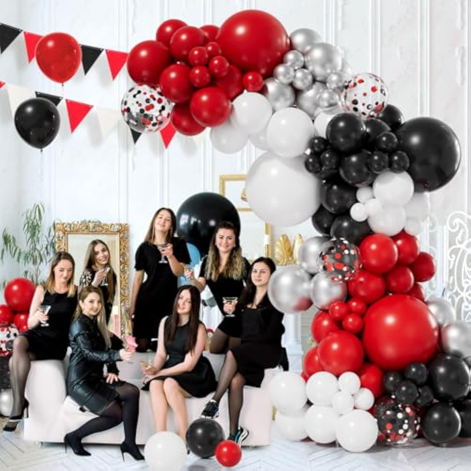 155Pcs Red Black And White Balloon Garland Arch Kit, Different Size Red Black White Silver Confetti Balloons For Shower Birthday New Year Graduation Wedding Racing Car Poker Party Decorations