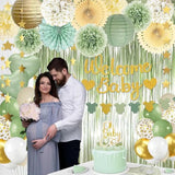 Sage Green Baby Shower Decorations - Gender Neutral Baby Shower Decor Set With Welcome Baby Banner, Tissue Pom Poms, Paper Lanterns, Flower Fans, Balloons, "Oh Baby" Cake Topper & Star Garland