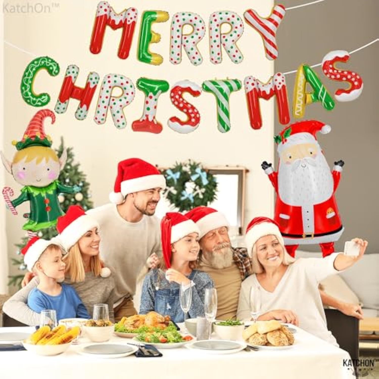 Merry Christmas Balloon Banner Set - 38 Inch, Pack Of 16 | Elf & Santa Balloons, Christmas Party Decorations