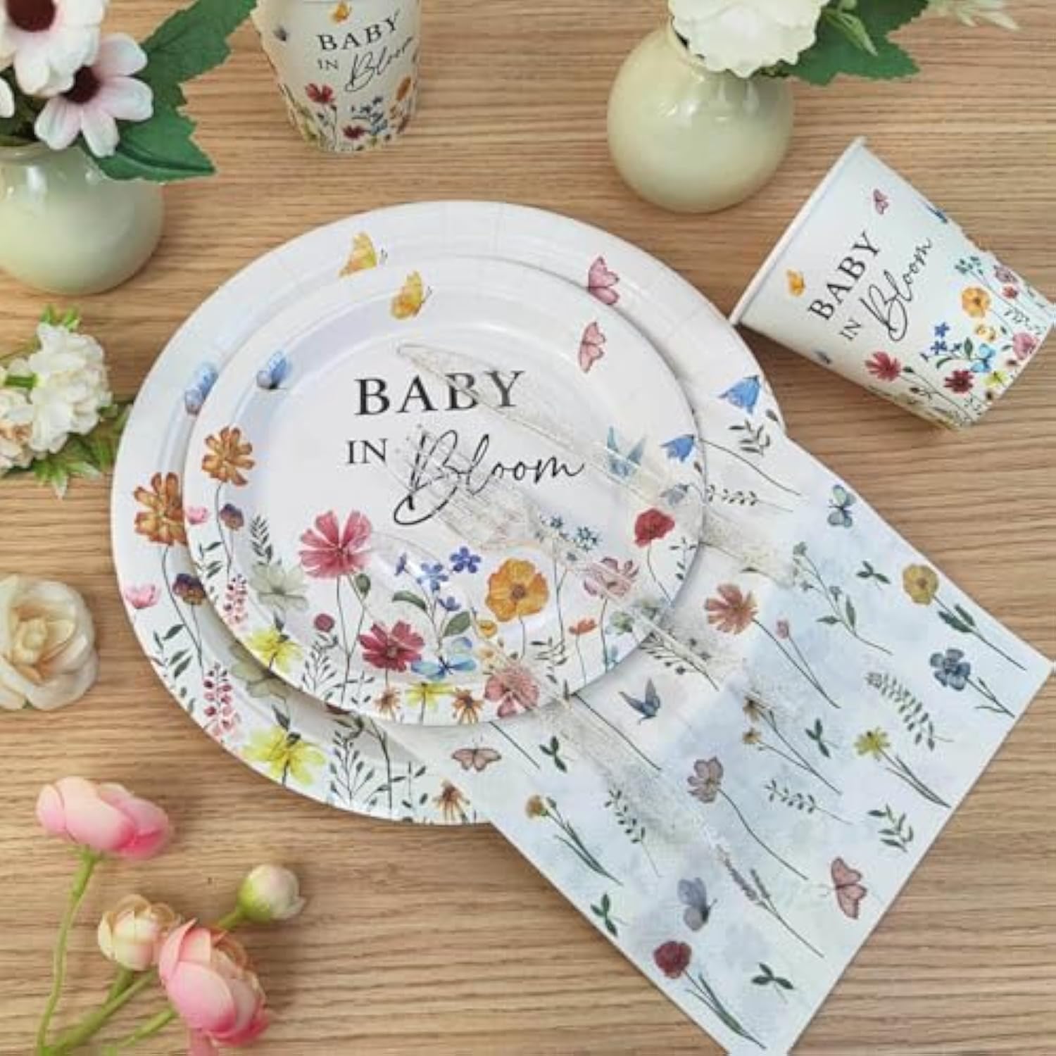 175Pcs Spring Baby In Bloom Baby Shower Decorations Plates Set, Wildflower Floral Baby Shower Paper Plates Napkins Cups And Cutlery Set For 25 Guests