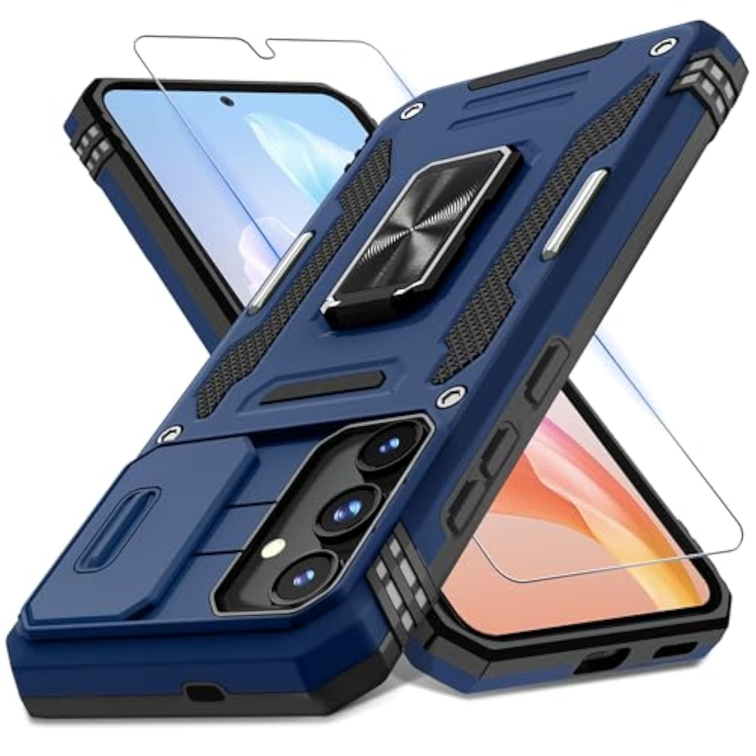 Case For Samsung Galaxy S25+ Plus 6.7-Inch With Slide Camera Cover+Screen Protector(1 Pack), Rotated Ring Kickstand Military Grade Shockproof Protective Cover-Navy Blue