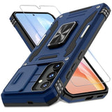 Case For Samsung Galaxy S25+ Plus 6.7-Inch With Slide Camera Cover+Screen Protector(1 Pack), Rotated Ring Kickstand Military Grade Shockproof Protective Cover-Navy Blue