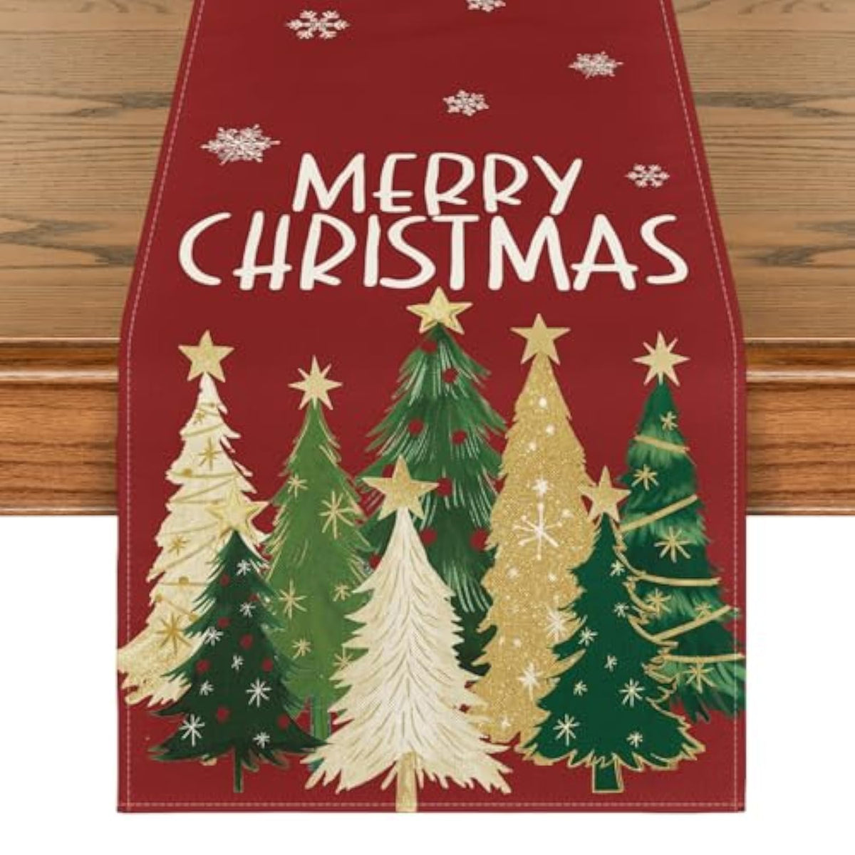 Xmas Trees Snowflakes Red Merry Christmas Table Runner, Winter Seasonal Kitchen Dining Table Decoration For Home Party Decor 13X36 Inch