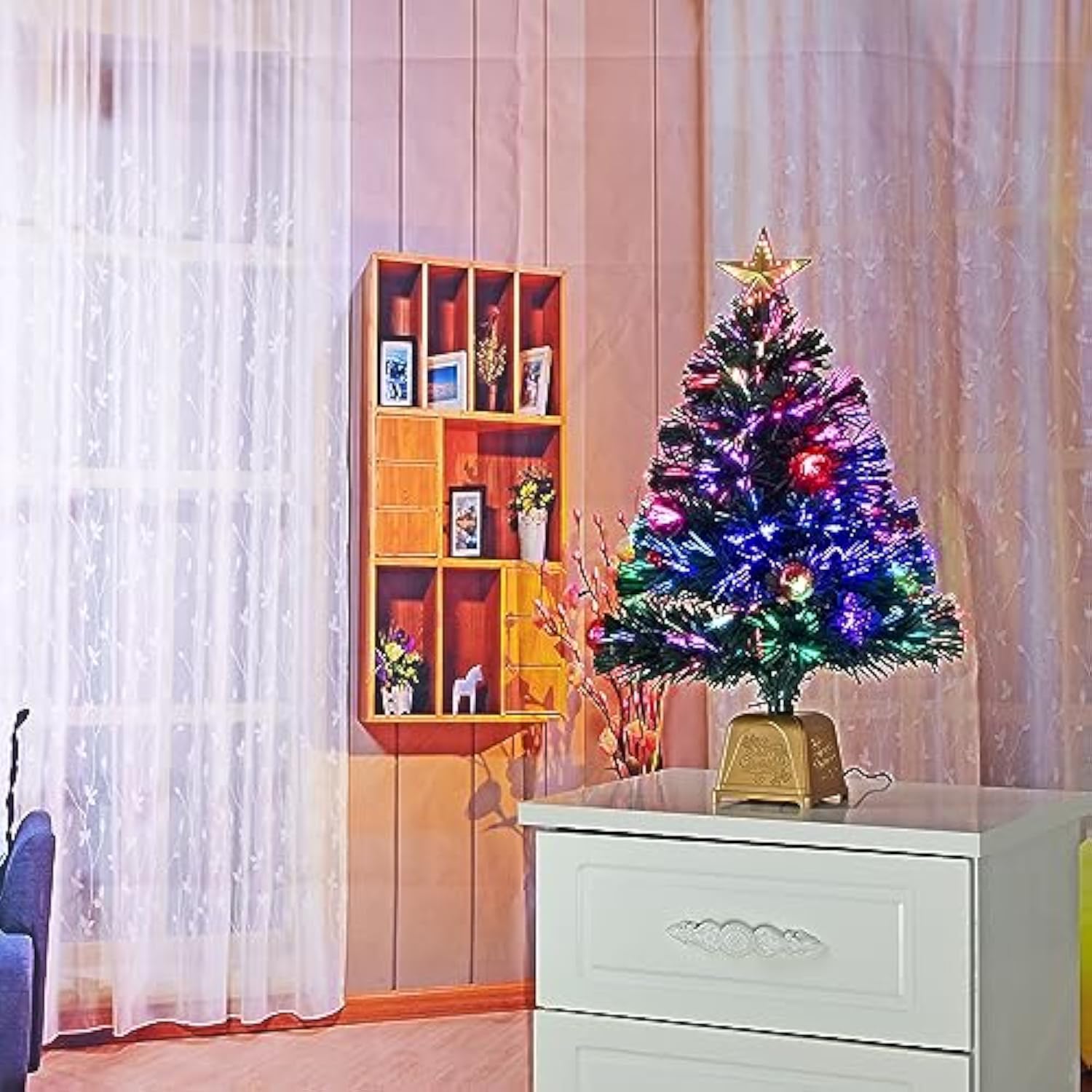 24Inch Green Fiber Optic Christmas Tree,Prelit Artificial Tabletop Christmas Tree,Star,Butterfly And Ball Ornaments For Best Holiday Home Decorations,2 Foot