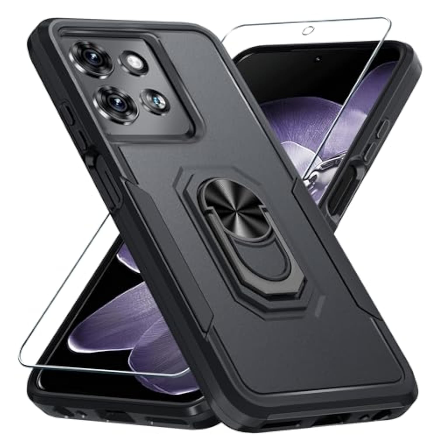 Compatible With Motorola Moto G 2025 Case With Screen Protector,Heavy Duty Shockproof Full Body Protective Cover Built In Rotatable Metal Ring Holder Kickstand,Black Matte