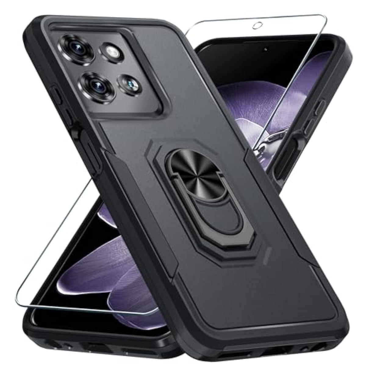 Compatible With Motorola Moto G 2025 Case With Screen Protector,Heavy Duty Shockproof Full Body Protective Cover Built In Rotatable Metal Ring Holder Kickstand,Black Matte