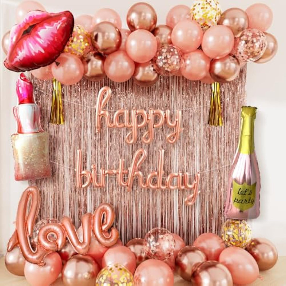 Rose Gold Happy Birthday Decorations For Women And Girls – Rose Gold Balloons, Happy Birthday Banner, Foil Crown Love Balloons With Fringe Curtain For Birthday Party Supplies