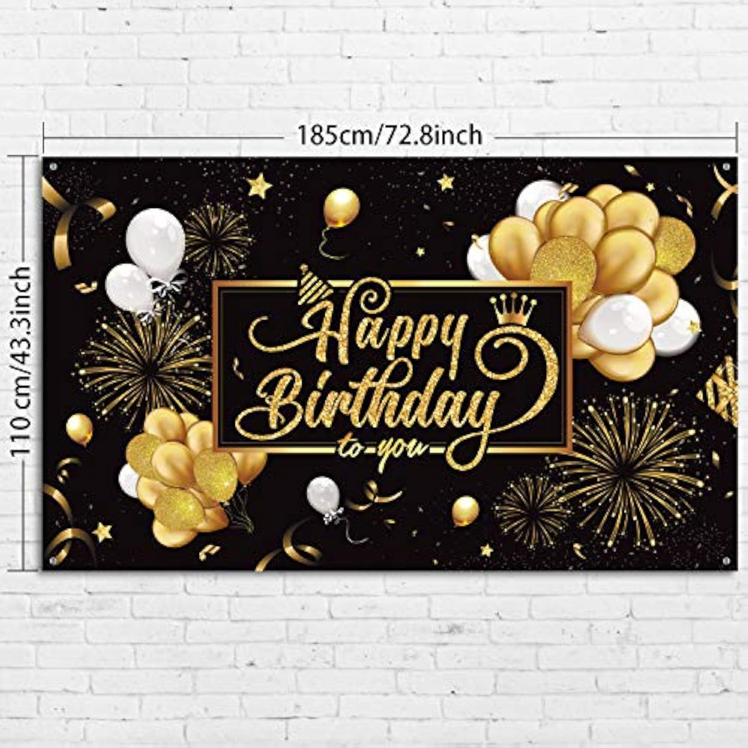 Large Black & Gold Happy Birthday Banner – 72.8x43.3in Fabric Sign with Balloons and Fireworks
