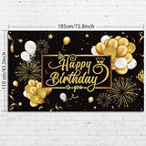 Large Black & Gold Happy Birthday Banner – 72.8x43.3in Fabric Sign with Balloons and Fireworks