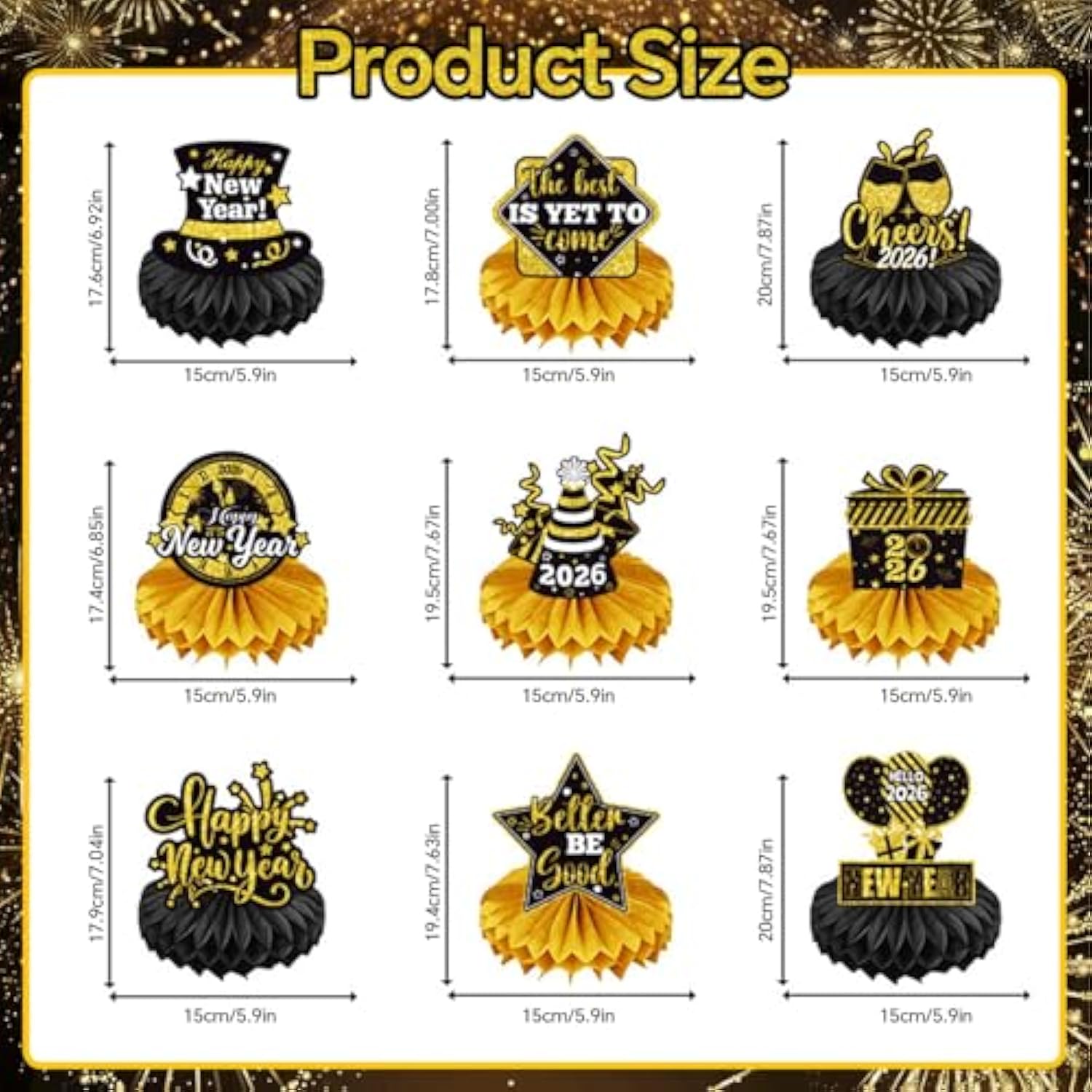 9pc Gold & Black 2026 NYE Party Table Centerpieces