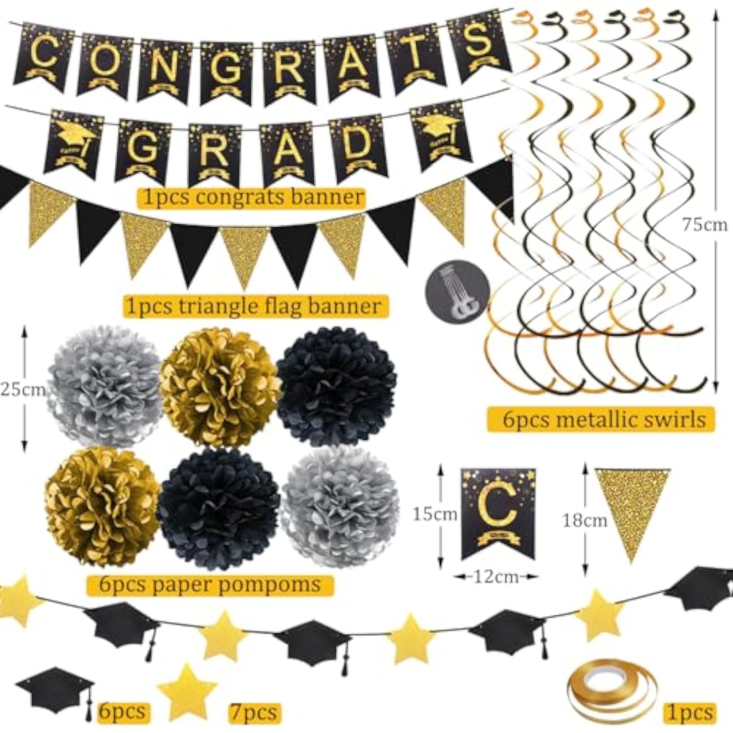 Graduation Decorations For 2025, Congrats Grad Banner And Star Cap Garland, Pennant Banner, Black And Gold Tissue Paper Pompoms, Hanging Swirls, For Graduation Party Decorations