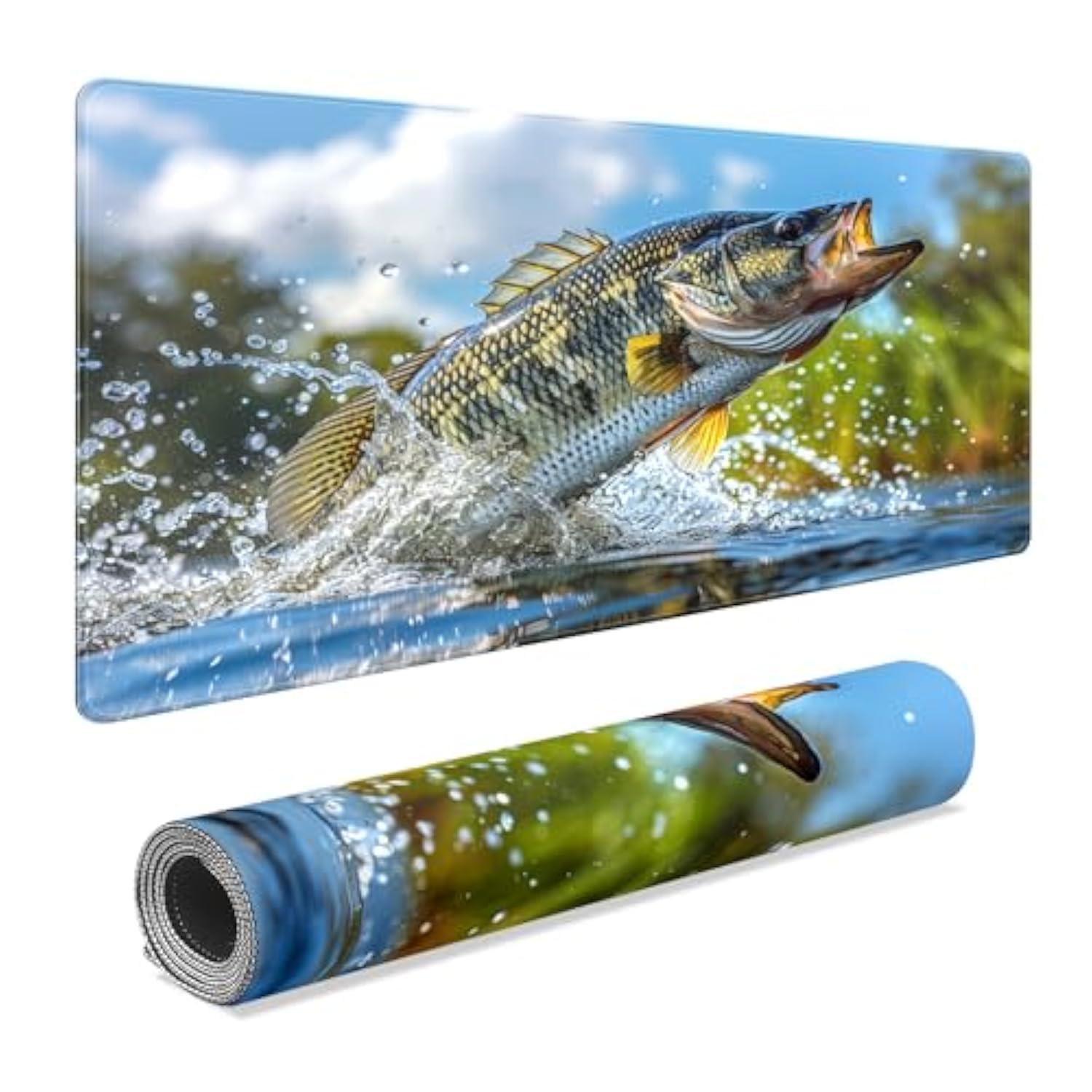 Gaming Mouse Pad Bass Fish Extra Large Desk Mat Non-Slip Soft Rubber Mousepad For Desktop Office Stitched Edges Waterproof Keyboard Mat For Computer Laptop 35.4''X15.7''