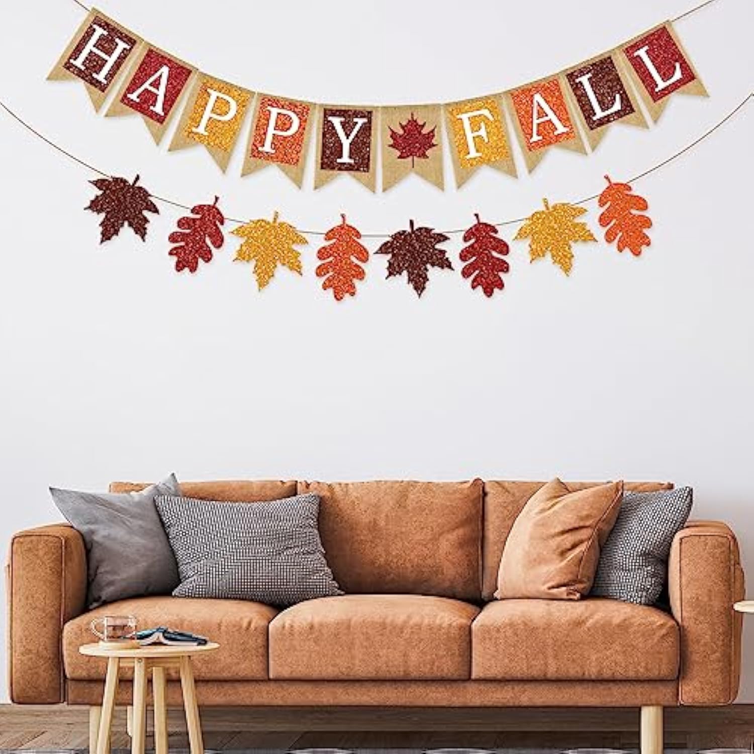 2Pcs Fall Banner Glitter Maple Leaf Paper Banner Happy Fall Burlap Banner Pre-Assembled Rustic Bunting Garland Hanging Decorations For Autumn Thanksgiving Party Decoration Supplies