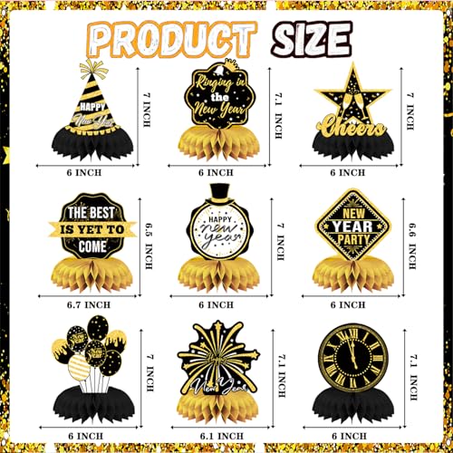 Black Gold New Years Eve Party Supplies Happy New Year Table Centerpieces for New Years Eve Party Decorations, 9 Pcs
