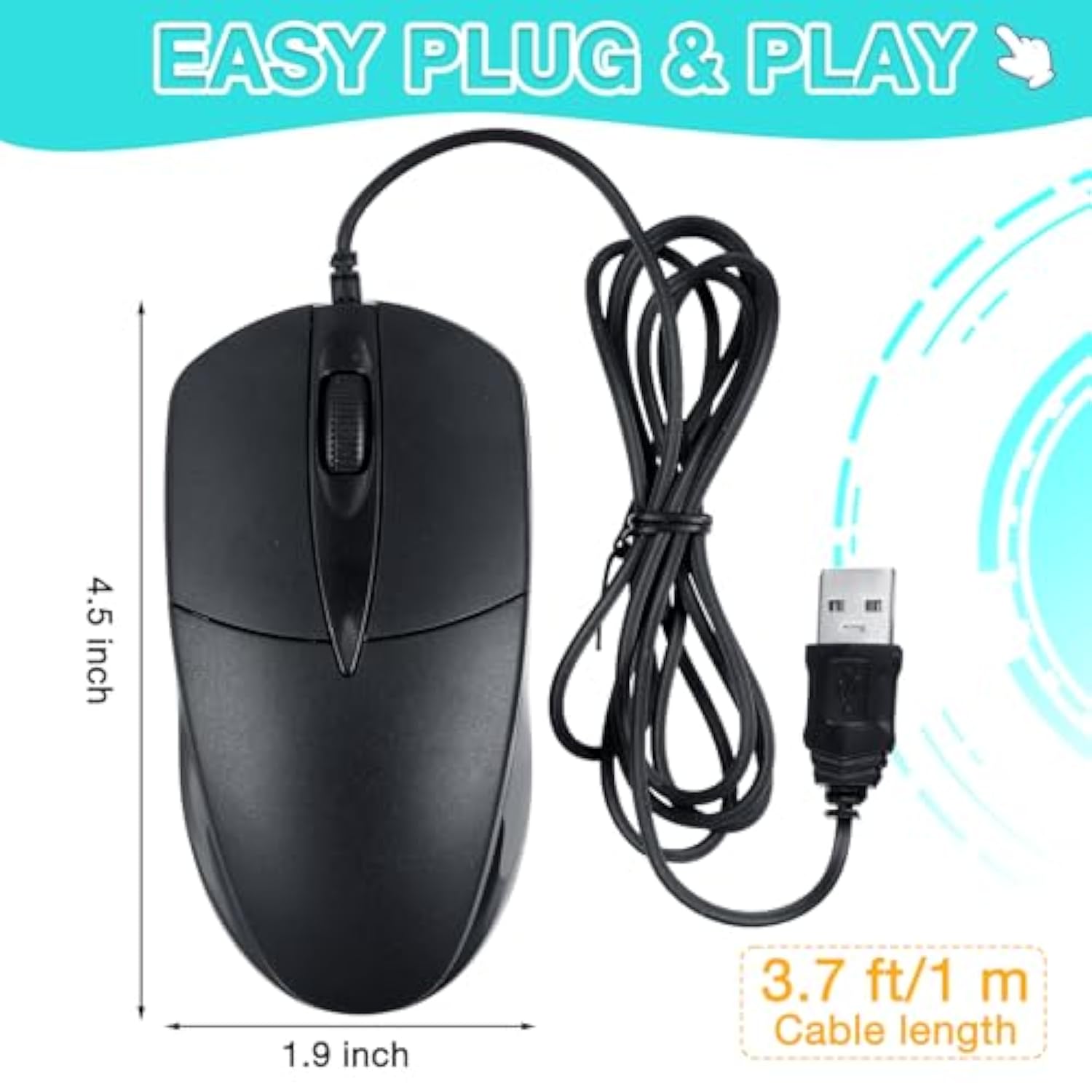 50 Pcs Black Wired Usb Computer Mouse Bulk 1000 Dpi 3 Button Corded Mouse With
