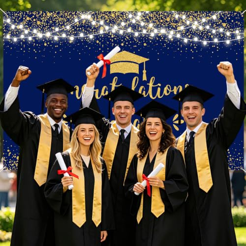 7x5ft Congratulation Graduate Backdrop Class of 2026 Graduation Party Decorations Background Blue Gold Congrats Grad Decor Banner Photography Background Studio Photo Booth Props