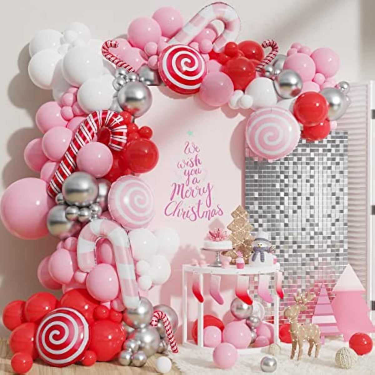 140Pcs Christmas Balloon Garland Arch Kit - Red Pink Candy Cane Balloons Sweet Lollipop Foil Balloon For Christmas New Year Birthday Xmas Holiday Party Decorations