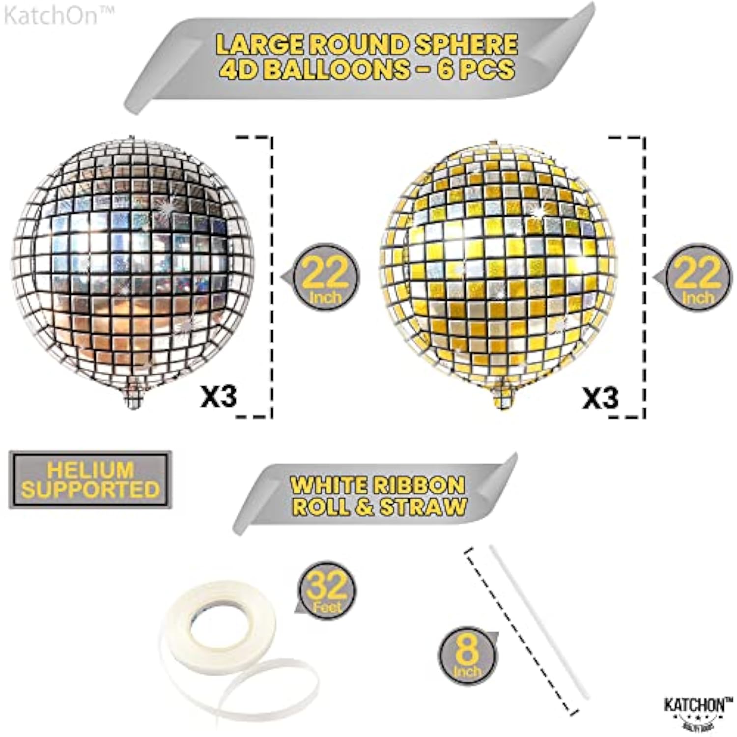 6pcs 22in Silver Gold Disco Ball 4D Sphere Party Balloons 2026