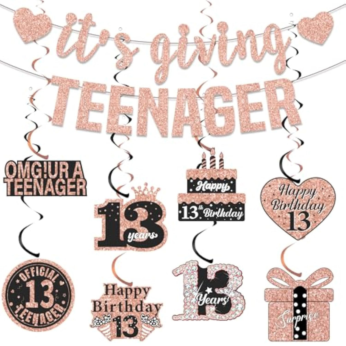 13Th Birthday Decorations Girls Banner - 10 Pcs Rose Gold It'S Giving Teenager Banners Numbers 13 Circle Cake Pink Hanging Swirls Decor Party Supplies For Thirteen Year Old Official Teen Gifts Kit