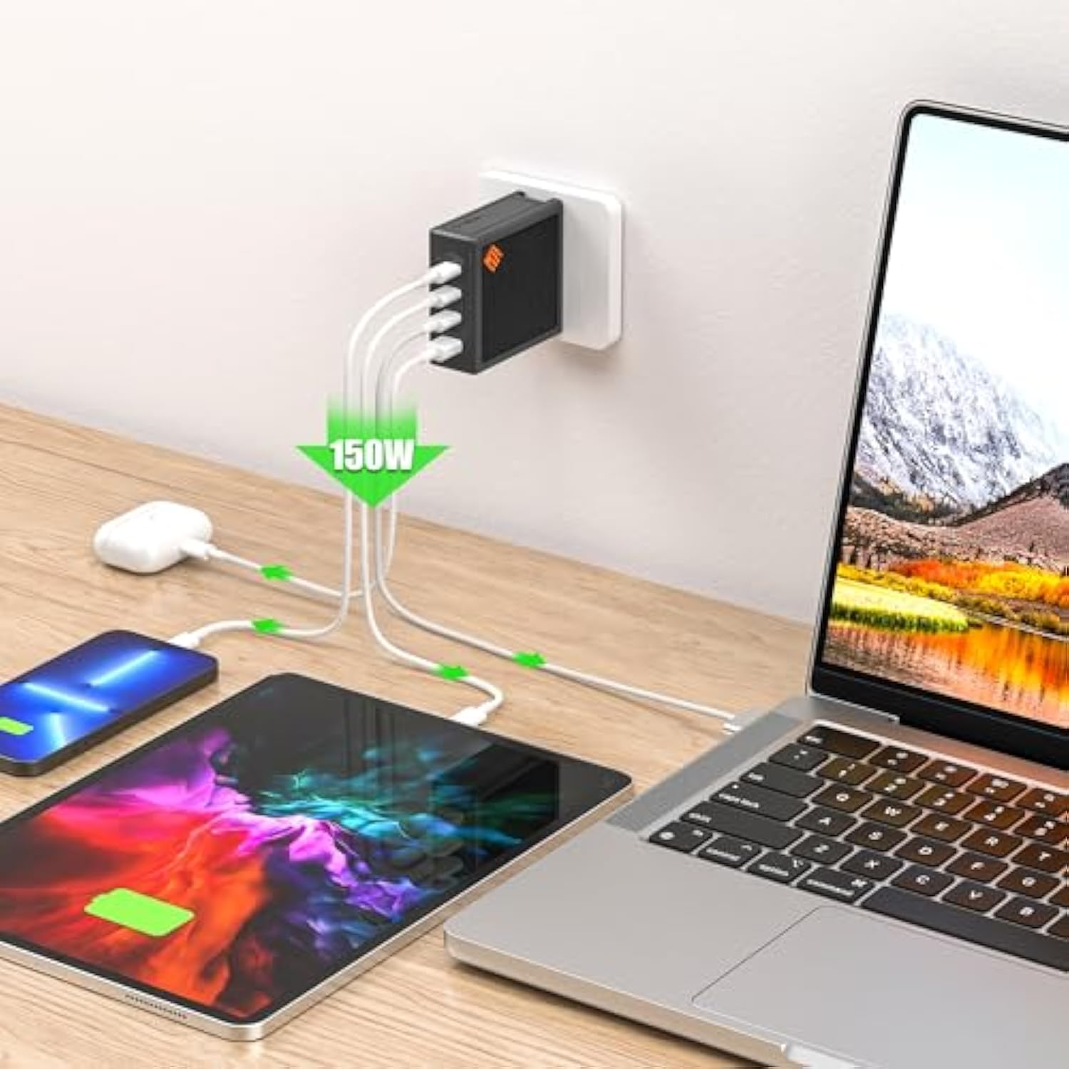 150W Gan Usb C Charger Block- 4-Port Multi-Device - Support Pd3.1 To 140W - Qc Fast Charging Compact Power Adapter Foldable Plug Compatible With Macbook Iphone Series14 Ipad Samsung...(With Usb Cable)