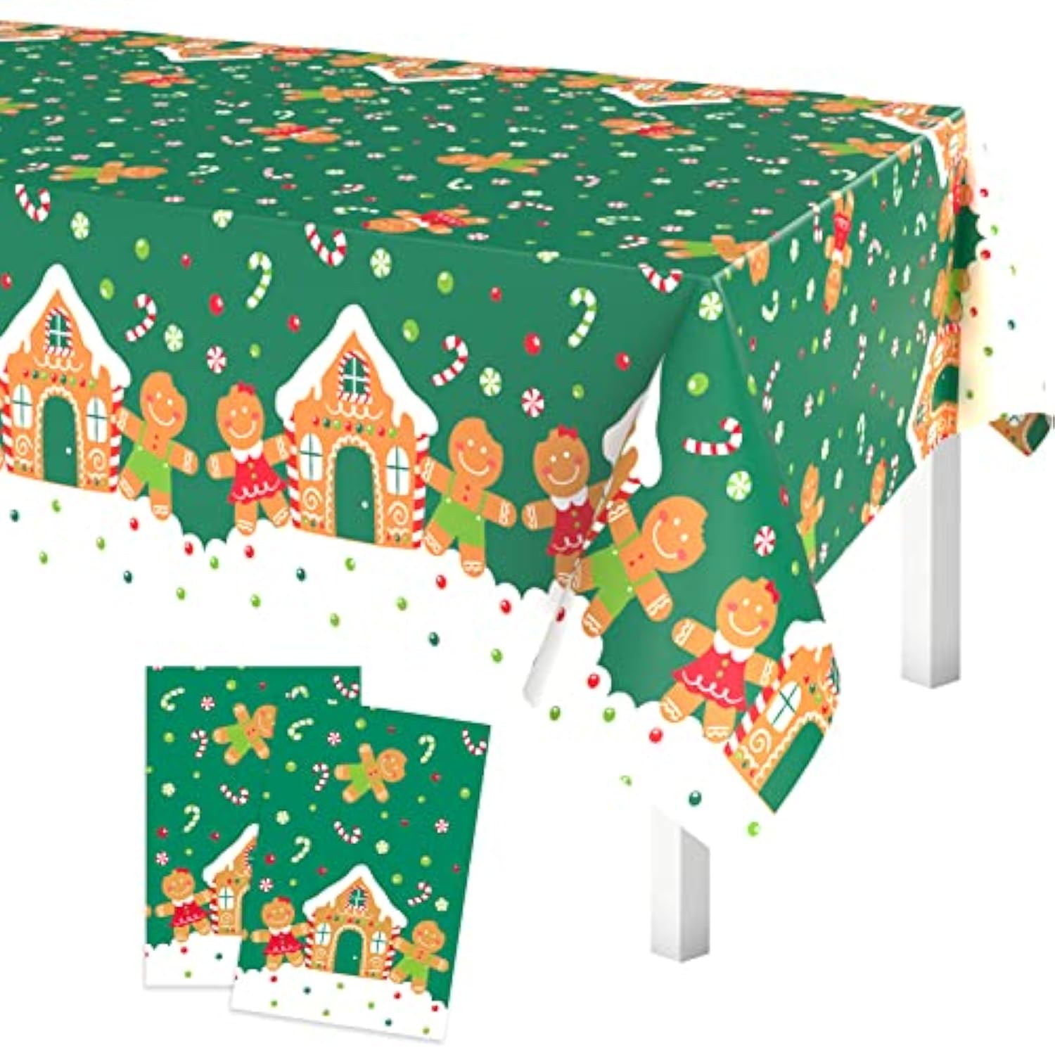 Christmas Tablecloths, Green Gingerbread Man Table Cover Rectangle Plastic Xmas Table Cloth For Merry Christmas Xmas Holiday Party Decorations Supplies (54 X 90 Inch, 2 Pcs)