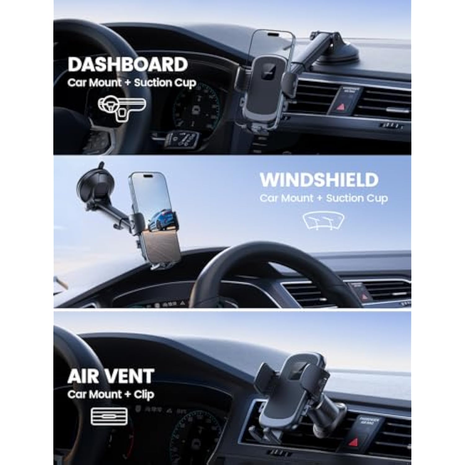 Car Phone Holder Mount [3-In-1 Military-Grade Suction Cup] 360° Rotation Phone Holders For Your Car [Metal Hook] Cell Phone Car Mount Dashboard Vent Windshield For Iphone 16 All Smartphone