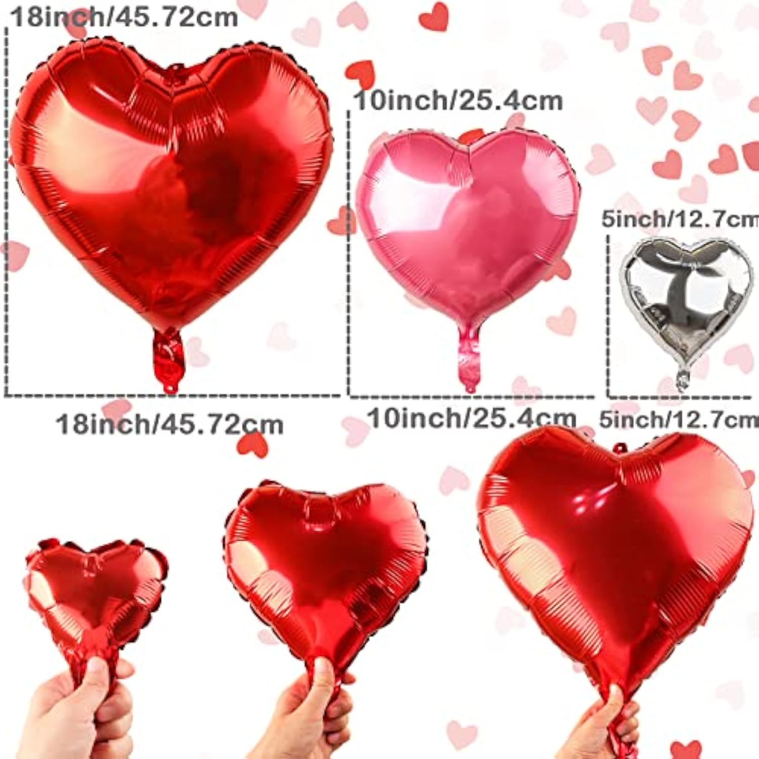 Love Heart Foil Valentines Balloons - 18/10/5 Inch, 54Pcs Mylar Red Heart Shapes For Romantic Decorations