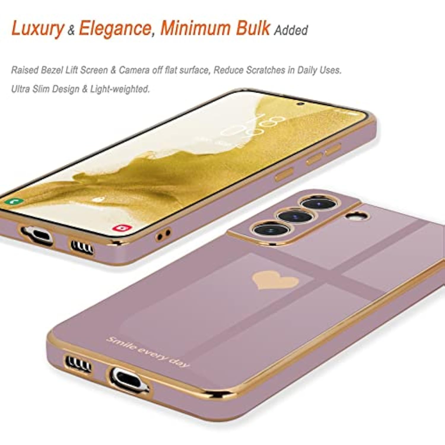 For Samsung Galaxy S22 5G Case For Women Girl Cute Love-Heart Luxury Bling Soft Back Cover Raised Full Camera Protection Bumper Silicone Shockproof Phone Case For Galaxy S22 5G, Lavender