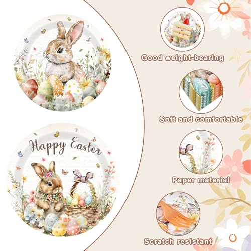 96 Pieces Easter Tableware Set – Bunny Egg Disposable Plates, Napkins and Forks with “Happy Easter” Spring Designs for Holiday Dinners, Parties, and Spring Celebrations – Serves 24